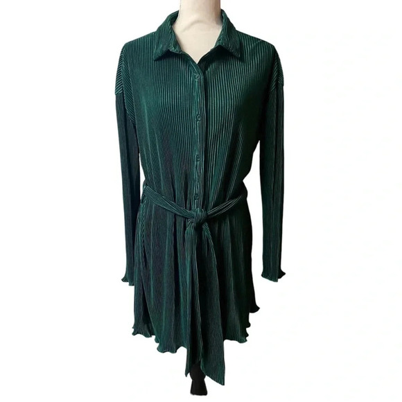 Papermoon Emerald Green Plissé Pleated Shirt Dress Belted Ruffle Hem Long Sleeve - Picture 1 of 16